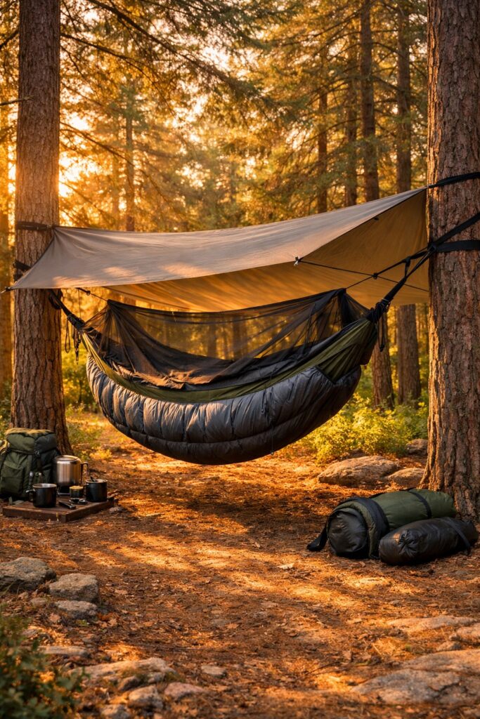 Hammock camping for beginners — camping hammock hung between two tall trees in a lush forest at golden hour with sleeping gear visible