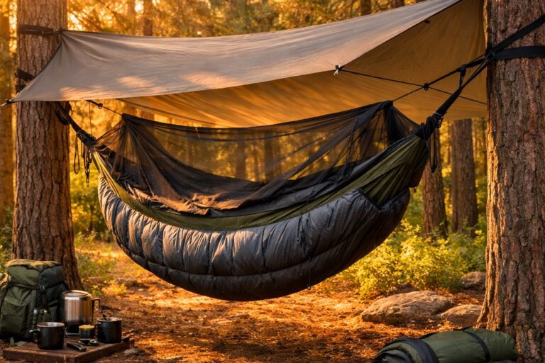 Hammock camping for beginners — camping hammock hung between two tall trees in a lush forest at golden hour with sleeping gear visible