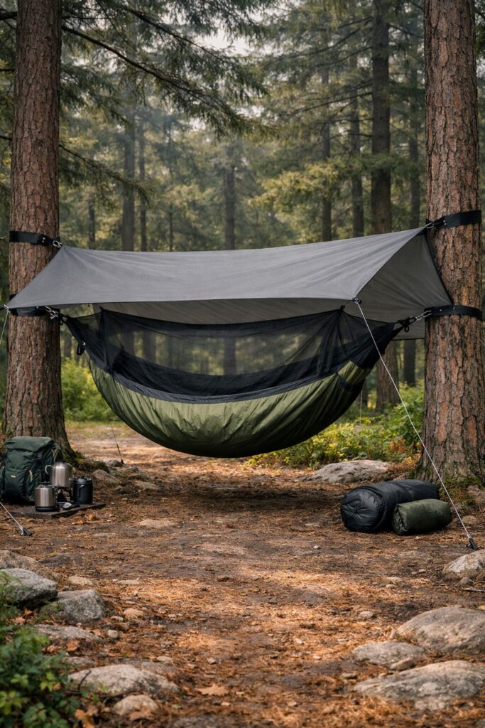 Hammock camping rain tarp rigged above a camping hammock between two trees — proper tarp setup for weather protection