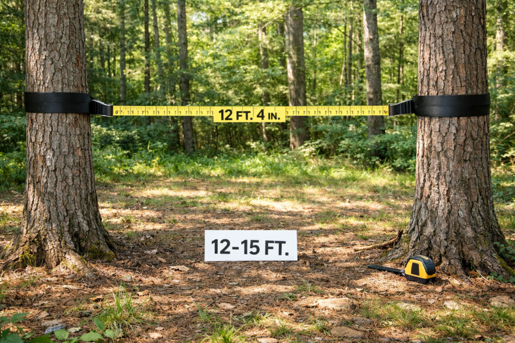 Hammock camping tree selection — two healthy trees 12 to 15 feet apart with wide tree straps attached at the correct height for hammock hang