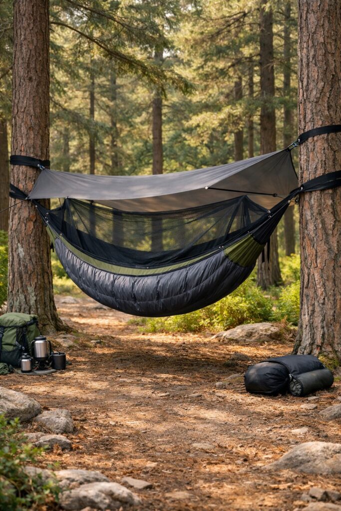 Modern ripstop nylon camping hammock with integrated bug net hanging between two pine trees — lightweight hammock camping setup