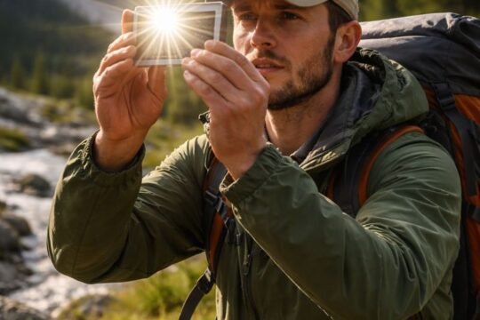 Lost camper using emergency signal mirror to reflect sunlight for search and rescue visibility