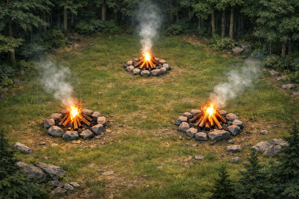 emergency signaling tips lost campers three signal fires arranged in triangle pattern open clearing wilderness distress signal