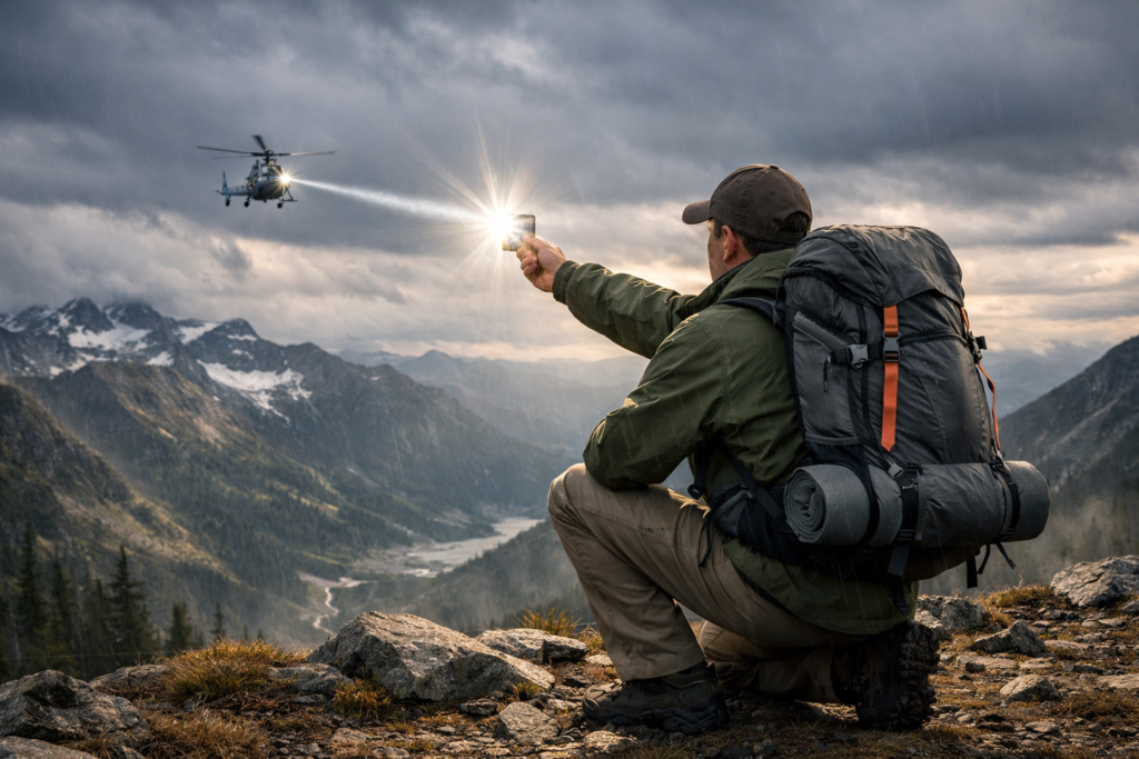 emergency signaling tips for lost campers hiker using signal mirror to reflect sunlight toward rescue helicopter mountain wilderness