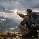 emergency signaling tips for lost campers hiker using signal mirror to reflect sunlight toward rescue helicopter mountain wilderness