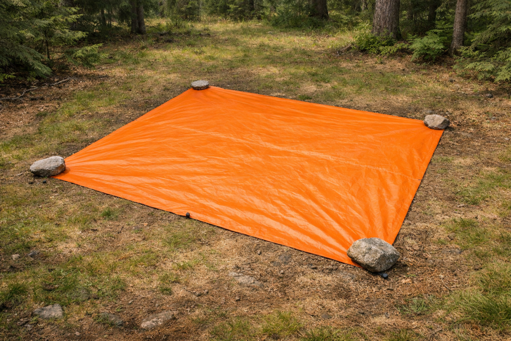 emergency signaling tips lost campers bright orange tarp spread in forest clearing visual rescue signal high contrast