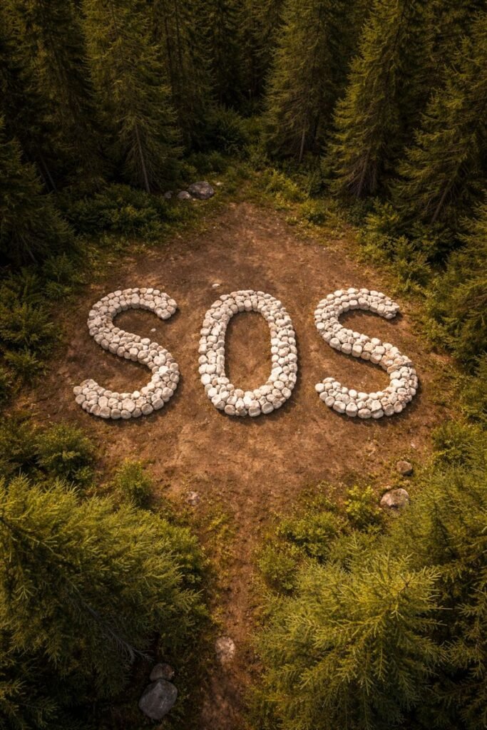 SOS ground-to-air emergency signal made from rocks visible to rescue helicopters