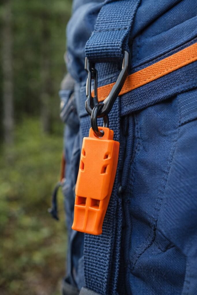 Orange emergency survival whistle for signaling help when lost while camping