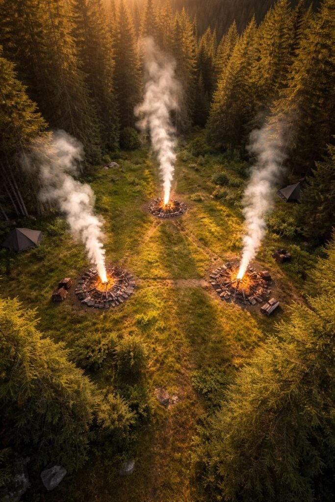 Three signal fires arranged in triangle showing universal distress signal for lost campers