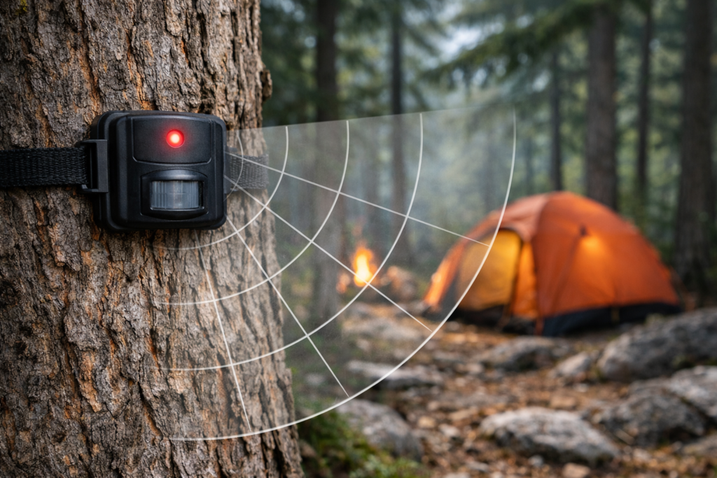 camping security systems PIR infrared heat sensor mounted at campsite detecting approaching bear in forest background