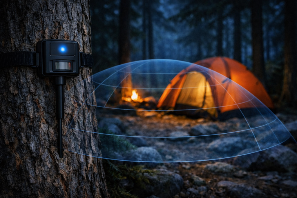 camping security systems radar motion alarm perimeter sensor positioned around tent at night detection zone illustrated