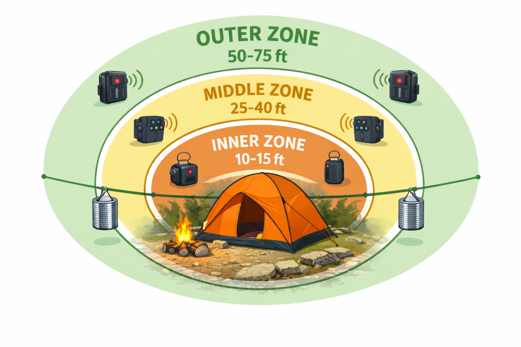 camping security systems sensor placement diagram showing layered detection zones outer middle inner around campsite