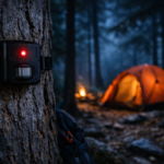 camping security systems perimeter alarm sensor mounted on tree at night campsite glowing red indicator light
