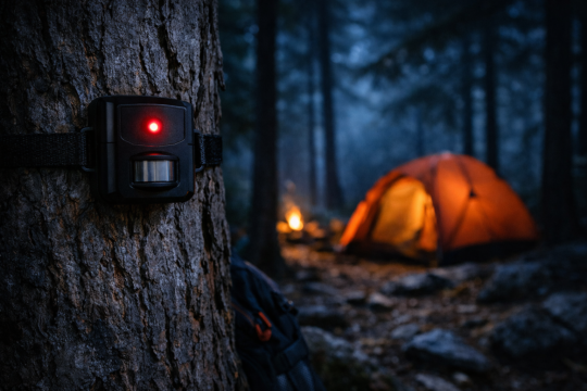 camping security systems perimeter alarm sensor mounted on tree at night campsite glowing red indicator light
