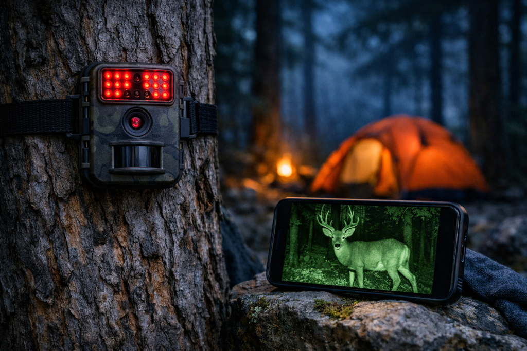 camping security systems trail camera mounted on tree capturing deer at night infrared night vision campsite wildlife detection