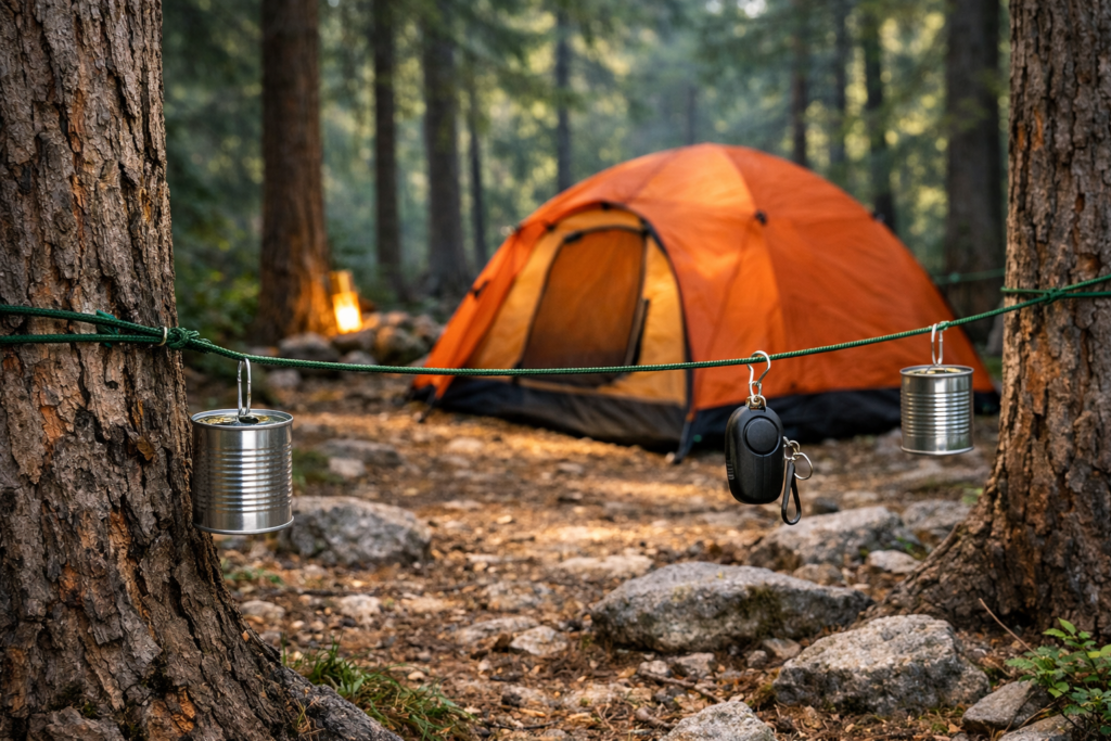 camping security systems DIY tripwire paracord perimeter alarm around tent with tin cans attached low budget setup