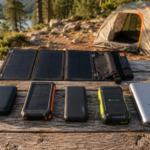Best camping power banks lined up on a picnic table