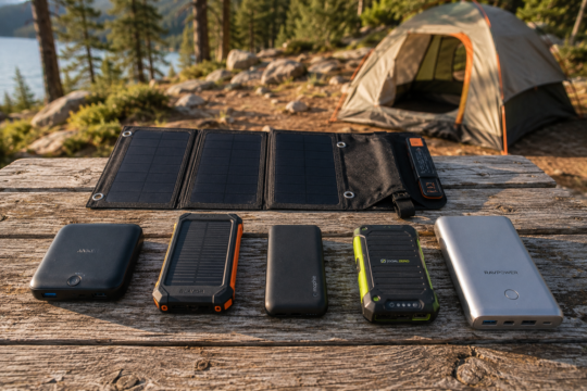 Best camping power banks lined up on a picnic table